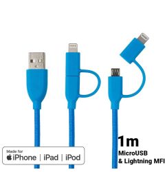 Cablu MicroUSB & Lightning MFI Boompods Duo Blue (1m, impletitura textila)