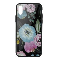 Carcasa iPhone X / XS Just Must Glass Diamond Print Flowers Black Background