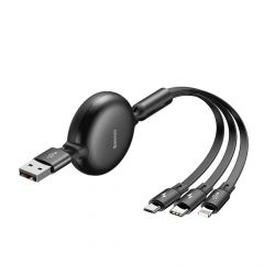 Cablu 3 in 1 MicroUSB, Lightning si Type-C Baseus Little Octopus USB Black (1.2m, 3.5A, retractabil)