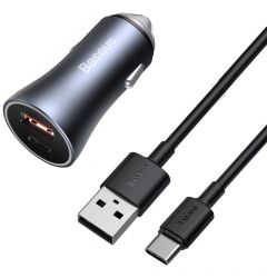 Incarcator Auto USB si Type-C Baseus Golden Contactor Pro Dual Quick Charger Dark Gray+Cablu USB la