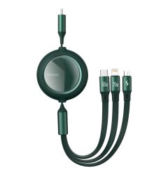 Cablu Type-C la MicroUSB+Lightning+Type-C Baseus Bright Mirror 3 in 1 Retractabil Green 100W, 1.2m