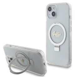 Guess Husa Ring Stand Glitter MagSafe iPhone 15 Transparent