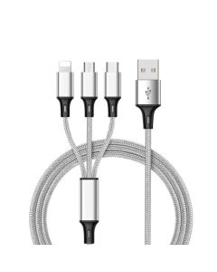 Lemontti Cablu 3 in 1 USB la Lightning, MicroUSB si Type-c, 1m, impletitura textila, Gri