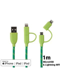 Cablu MicroUSB & Lightning MFI Boompods Duo Green (1m, impletitura textila)