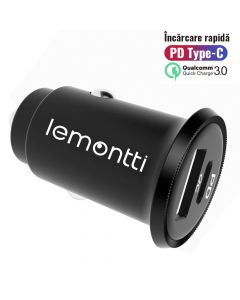 Lemontti Incarcator Auto Fast Charge 30W 5A 2 porturi PD Type C + USB-A QC 3.0,  Negru