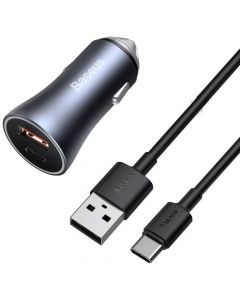 Incarcator Auto USB si Type-C Baseus Golden Contactor Pro Dual Quick Charger Dark Gray+Cablu USB la
