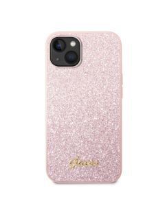 Husa iPhone 14 Guess Glitter TPU Flakes Script Metal Logo Pink