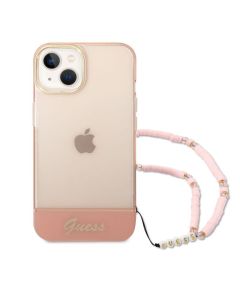 Husa iPhone 14 Plus Guess TPU Camera Outline Translucent Strap Pink